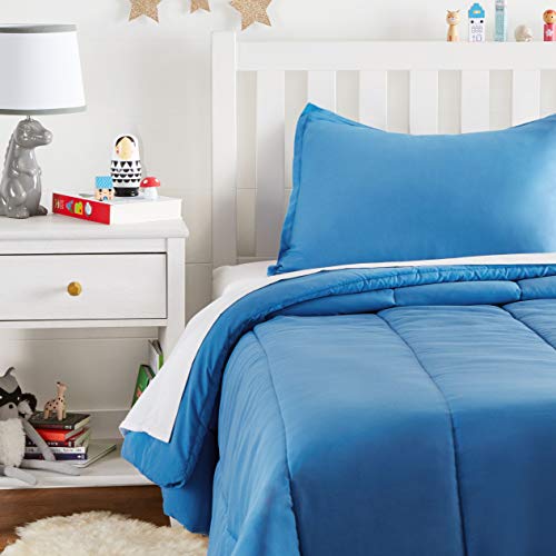 Amazon Basics Easy-Wash Microfiber Kid's Comforter and Pillow Sham Set - Twin, Azure Blue