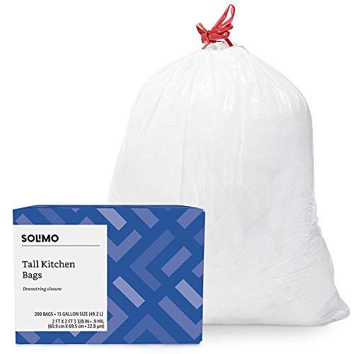 Amazon Brand - Solimo Tall Kitchen Drawstring Trash Bags, 13 Gallon, 200 Count