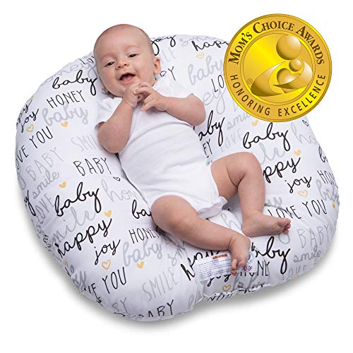 Boppy Newborn Lounger—Original | Lightweight Plush Chair with Carrying Handle | Infant Seat for Awake Time | Wipeable and Machine Washable | Black and White with Gold Hearts, Hello Baby