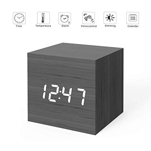 Micar Digital Alarm Clock Wood Led Light Mini Modern Cube