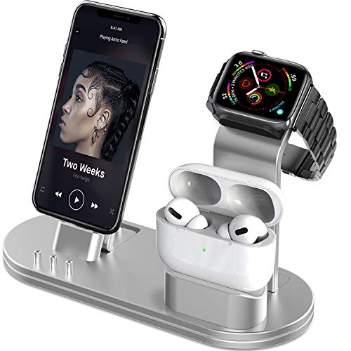 OLEBR Charging Stand Compatible with AirPods, iWatch Series 6/SE/5/4/3/2/1,Phone 12/12 Pro/ 12 Pro Max/11/11 Pro/11 Pro Max/Xs/X Max/XR/X/8/8Plus/7/7 P /6S /6S P(Original Cable Required)-Silver
