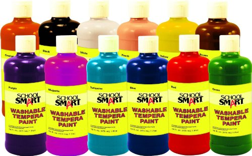 School Smart Washable Tempera Paint, 1 Pint, Assorted Colors, Set of 12