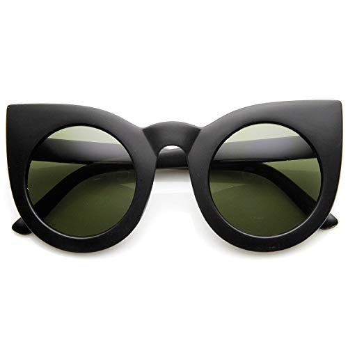 zeroUV - 70s Womens Large Oversized Retro Vintage Cat Eye Sunglasses For Women with Round Lens 48mm (Matte Black/Gree)