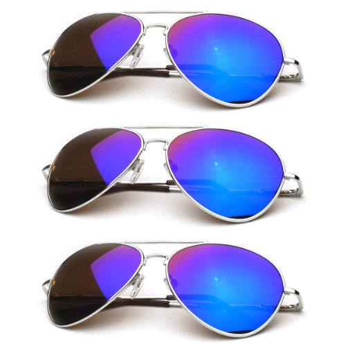 zeroUV - Premium Full Mirrored Aviator Sunglasses w/Flash Mirror Lens (3-Pack Silver | Blue)